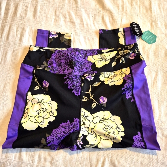 LuLaRoe Rise Brave line women's size 3X leggings black white purple floral NWT - Picture 2 of 8